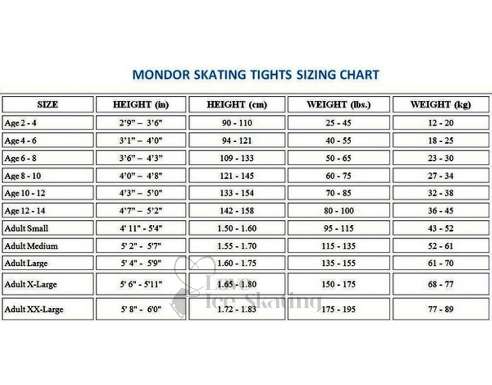 Mondor Skating Tights Size Chart